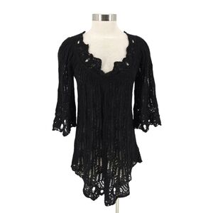 L.A.M.B. Crochet Sweater Silk Black Bell 3/4 Sleeve V Neck Open Knit Pullover 8